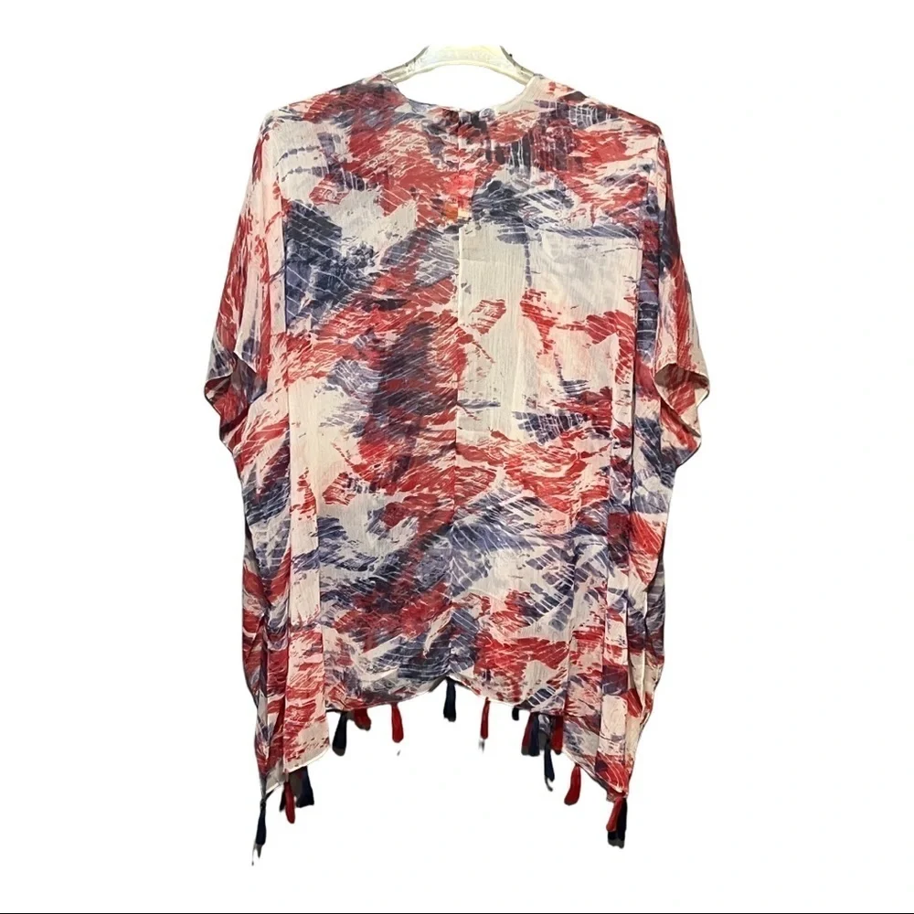 Steve Madden Kimono Swimsuit Cover-Up Red White Blue Lightweight Tie Dye Fringe